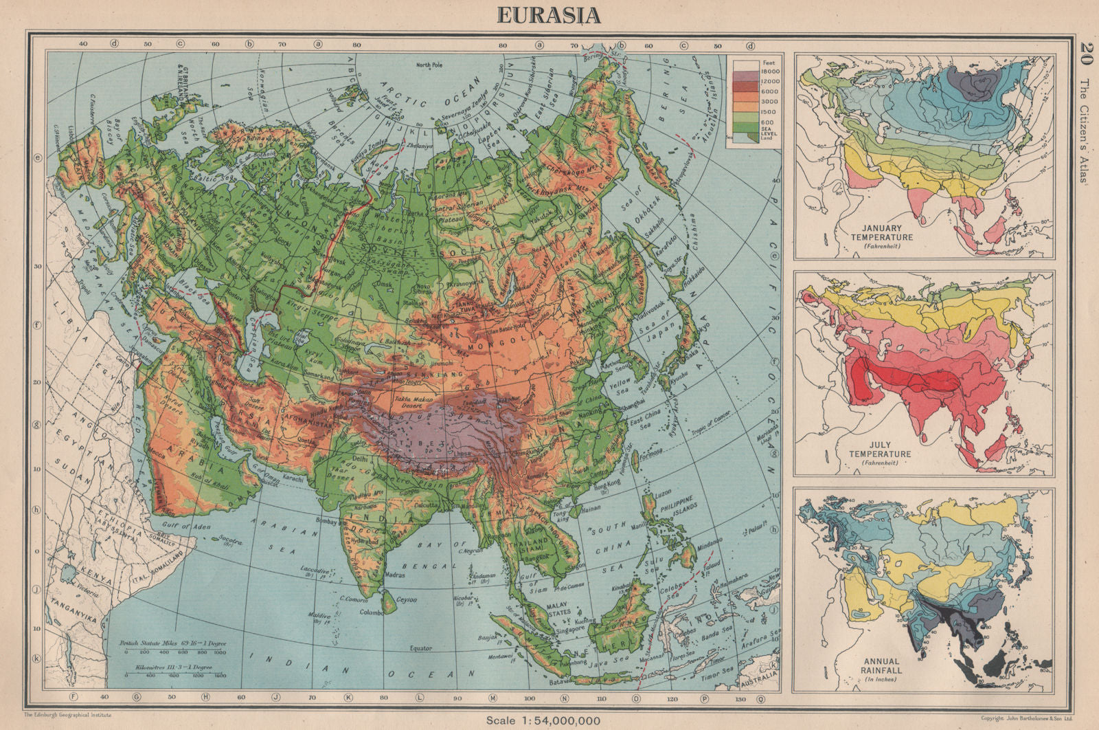 EURASIA. Europe Asia. January July temperature. Rainfall. BARTHOLOMEW 1944 map